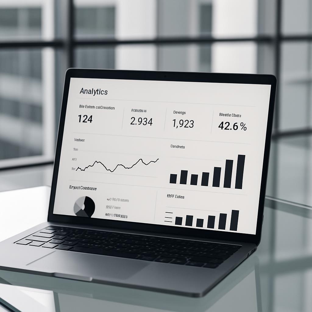 Laptop displaying an analytics dashboard on a glass table in a blurred office environment.