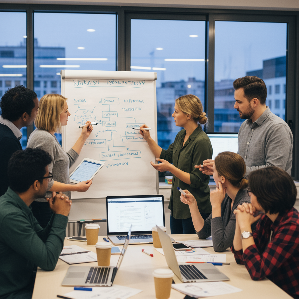 ihmisiä ratkaisemassa ongelmaa yhdessä